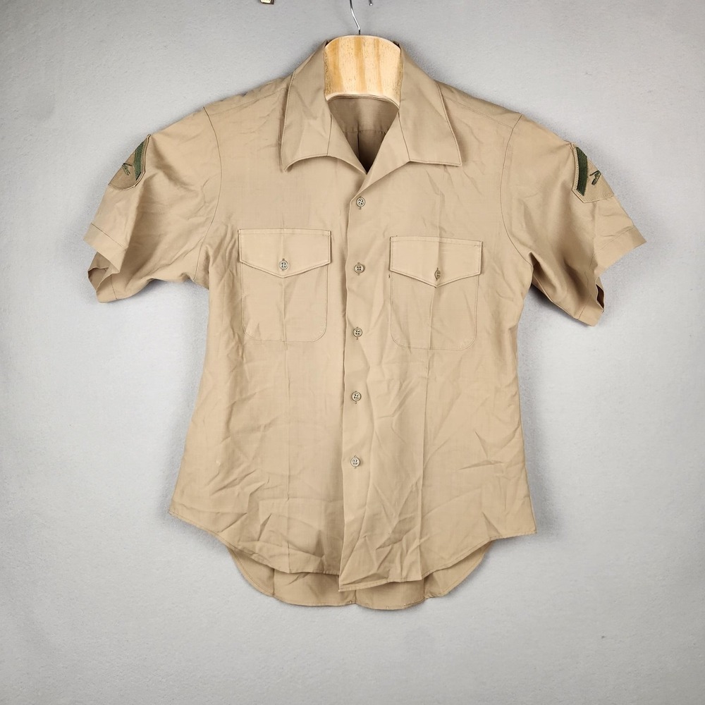 Vintage USMC Khaki‎ Service Shirt Mens 14x37 Short Sleeve Lance Corporal 80s